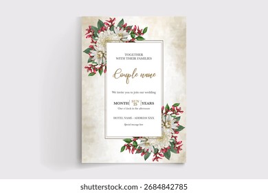 WEDDING INVITATION FRAME WITH FLOWER DECORATIONS AND FRESH LEAVES