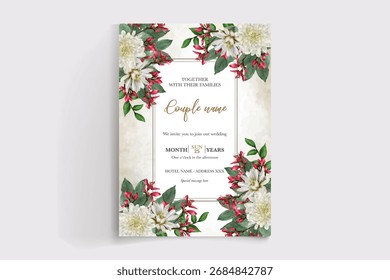 WEDDING INVITATION FRAME WITH FLOWER DECORATIONS AND FRESH LEAVES