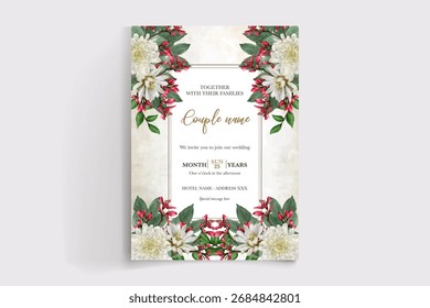WEDDING INVITATION FRAME WITH FLOWER DECORATIONS AND FRESH LEAVES