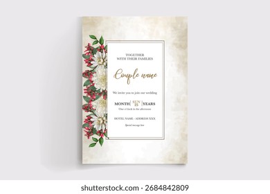 WEDDING INVITATION FRAME WITH FLOWER DECORATIONS AND FRESH LEAVES