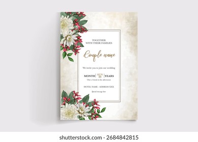 HOCHZEITSEINLADUNGSRAHMEN MIT BLUMENDEKORATIONEN UND FRISCHEN BLÄTTERN