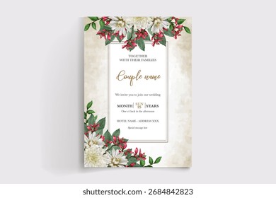 WEDDING INVITATION FRAME WITH FLOWER DECORATIONS AND FRESH LEAVES