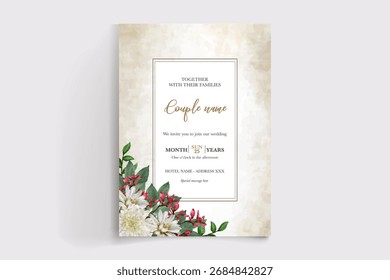 MARCO DE INVITACIÓN DE BODA CON DECORACIONES FLORALES Y HOJAS FRESCAS