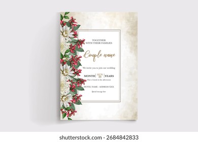 MARCO DE INVITACIÓN DE BODA CON DECORACIONES FLORALES Y HOJAS FRESCAS