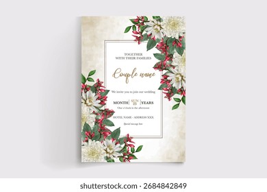 QUADRO DE CONVITE DE CASAMENTO COM DECORAÇÕES DE FLORES E FOLHAS FRESCAS