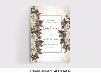 WEDDING INVITATION FRAME WITH FLOWER DECORATIONS AND FRESH LEAVES