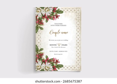 MARCO DE INVITACIÓN DE BODA CON DECORACIONES FLORALES Y HOJAS FRESCAS