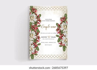 HOCHZEITSEINLADUNGSRAHMEN MIT BLUMENDEKORATIONEN UND FRISCHEN BLÄTTERN