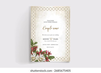 MARCO DE INVITACIÓN DE BODA CON DECORACIONES FLORALES Y HOJAS FRESCAS