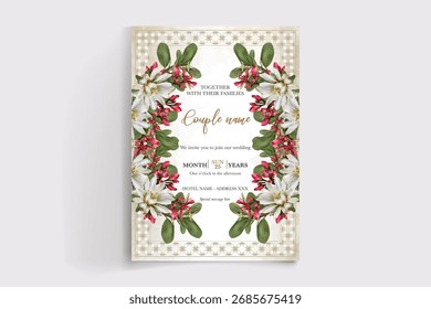 QUADRO DE CONVITE DE CASAMENTO COM DECORAÇÕES DE FLORES E FOLHAS FRESCAS