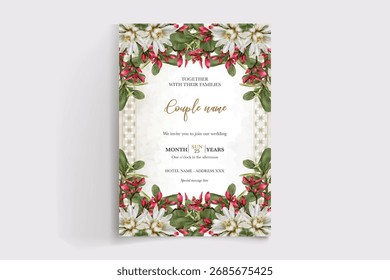 QUADRO DE CONVITE DE CASAMENTO COM DECORAÇÕES DE FLORES E FOLHAS FRESCAS