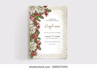 MARCO DE INVITACIÓN DE BODA CON DECORACIONES FLORALES Y HOJAS FRESCAS