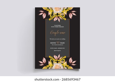 WEDDING INVITATION FRAME WITH FLOWER DECORATIONS AND FRESH LEAVES