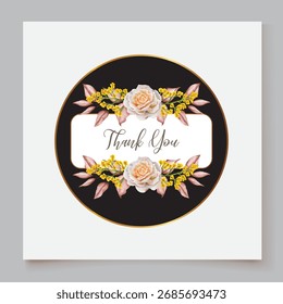 WEDDING INVITATION FRAME WITH FLOWER DECORATIONS AND FRESH LEAVES