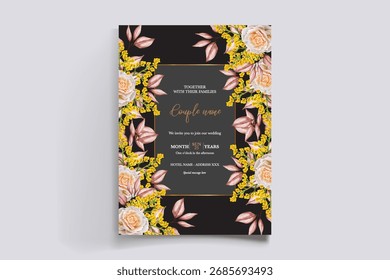 HOCHZEITSEINLADUNGSRAHMEN MIT BLUMENDEKORATIONEN UND FRISCHEN BLÄTTERN