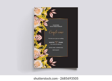 WEDDING INVITATION FRAME WITH FLOWER DECORATIONS AND FRESH LEAVES