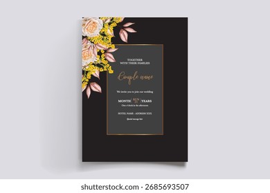 WEDDING INVITATION FRAME WITH FLOWER DECORATIONS AND FRESH LEAVES