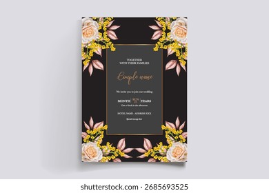 WEDDING INVITATION FRAME WITH FLOWER DECORATIONS AND FRESH LEAVES