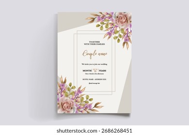 WEDDING INVITATION FRAME WITH FLOWER DECORATIONS AND FRESH LEAVES