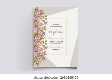 WEDDING INVITATION FRAME WITH FLOWER DECORATIONS AND FRESH LEAVES