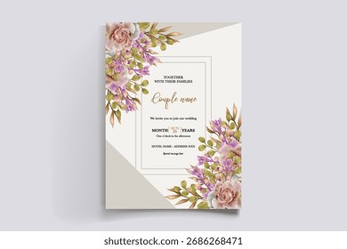 HOCHZEITSEINLADUNGSRAHMEN MIT BLUMENDEKORATIONEN UND FRISCHEN BLÄTTERN