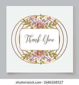 WEDDING INVITATION FRAME WITH FLOWER DECORATIONS AND FRESH LEAVES