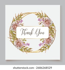 WEDDING INVITATION FRAME WITH FLOWER DECORATIONS AND FRESH LEAVES