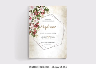 WEDDING INVITATION FRAME WITH FLOWER DECORATIONS AND FRESH LEAVES