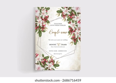 QUADRO DE CONVITE DE CASAMENTO COM DECORAÇÕES DE FLORES E FOLHAS FRESCAS