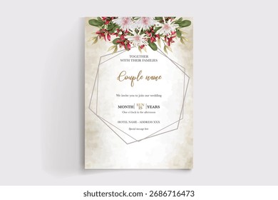 WEDDING INVITATION FRAME WITH FLOWER DECORATIONS AND FRESH LEAVES