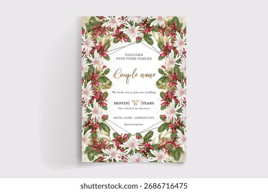 WEDDING INVITATION FRAME WITH FLOWER DECORATIONS AND FRESH LEAVES