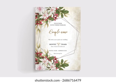 MARCO DE INVITACIÓN DE BODA CON DECORACIONES FLORALES Y HOJAS FRESCAS