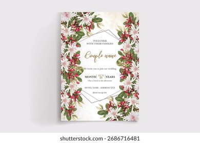MARCO DE INVITACIÓN DE BODA CON DECORACIONES FLORALES Y HOJAS FRESCAS