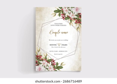WEDDING INVITATION FRAME WITH FLOWER DECORATIONS AND FRESH LEAVES