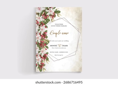 QUADRO DE CONVITE DE CASAMENTO COM DECORAÇÕES DE FLORES E FOLHAS FRESCAS
