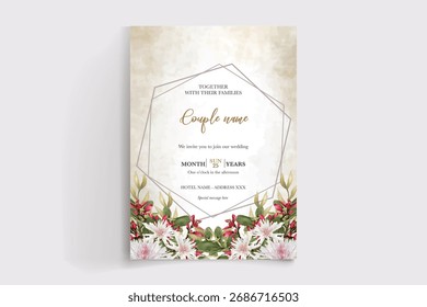 WEDDING INVITATION FRAME WITH FLOWER DECORATIONS AND FRESH LEAVES