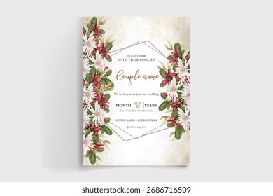 HOCHZEITSEINLADUNGSRAHMEN MIT BLUMENDEKORATIONEN UND FRISCHEN BLÄTTERN