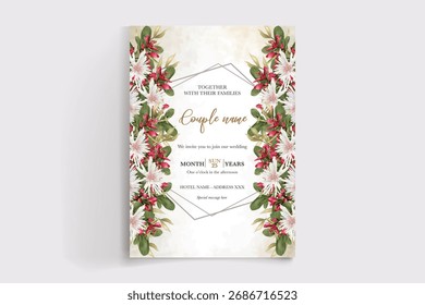 MARCO DE INVITACIÓN DE BODA CON DECORACIONES FLORALES Y HOJAS FRESCAS