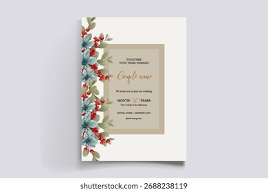WEDDING INVITATION FRAME WITH FLOWER DECORATIONS AND FRESH LEAVES