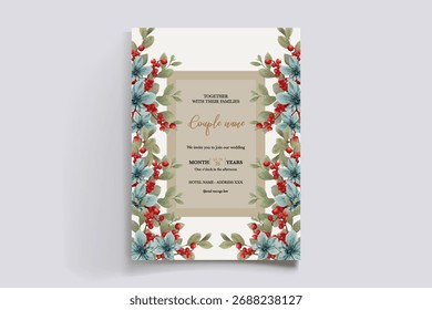 WEDDING INVITATION FRAME WITH FLOWER DECORATIONS AND FRESH LEAVES