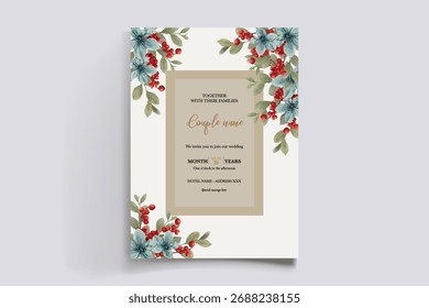 MARCO DE INVITACIÓN DE BODA CON DECORACIONES FLORALES Y HOJAS FRESCAS