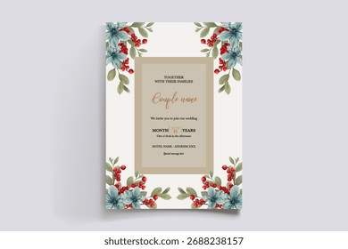 WEDDING INVITATION FRAME WITH FLOWER DECORATIONS AND FRESH LEAVES