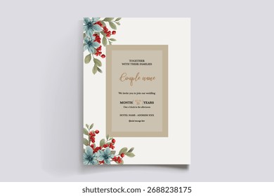 WEDDING INVITATION FRAME WITH FLOWER DECORATIONS AND FRESH LEAVES