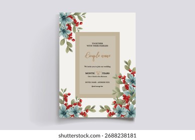 WEDDING INVITATION FRAME WITH FLOWER DECORATIONS AND FRESH LEAVES
