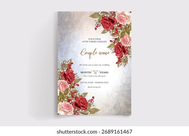 MARCO DE INVITACIÓN DE BODA CON DECORACIONES FLORALES Y HOJAS FRESCAS