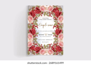 WEDDING INVITATION FRAME WITH FLOWER DECORATIONS AND FRESH LEAVES