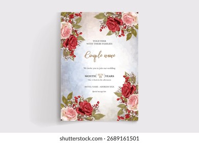 WEDDING INVITATION FRAME WITH FLOWER DECORATIONS AND FRESH LEAVES