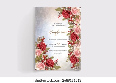 WEDDING INVITATION FRAME WITH FLOWER DECORATIONS AND FRESH LEAVES