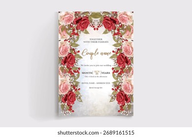 QUADRO DE CONVITE DE CASAMENTO COM DECORAÇÕES DE FLORES E FOLHAS FRESCAS