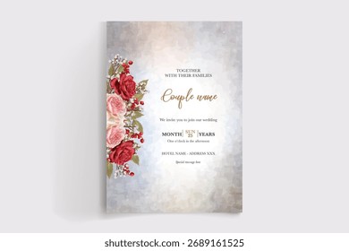 WEDDING INVITATION FRAME WITH FLOWER DECORATIONS AND FRESH LEAVES